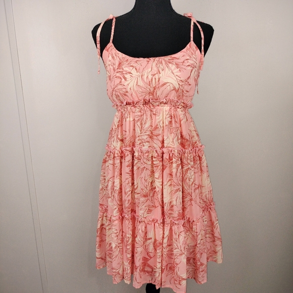 NWOT VICI Tie Strap Tiered Flowy Mini Sun Dress in Palm Leaf Pattern Sz. S - Picture 4 of 15